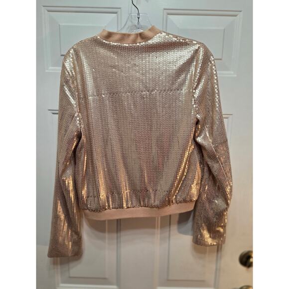 Forever 21 Sequin Bomber Jacket Rose Gold Shimmer Zip Front Satin Lined Womens M - Picture 2 of 4